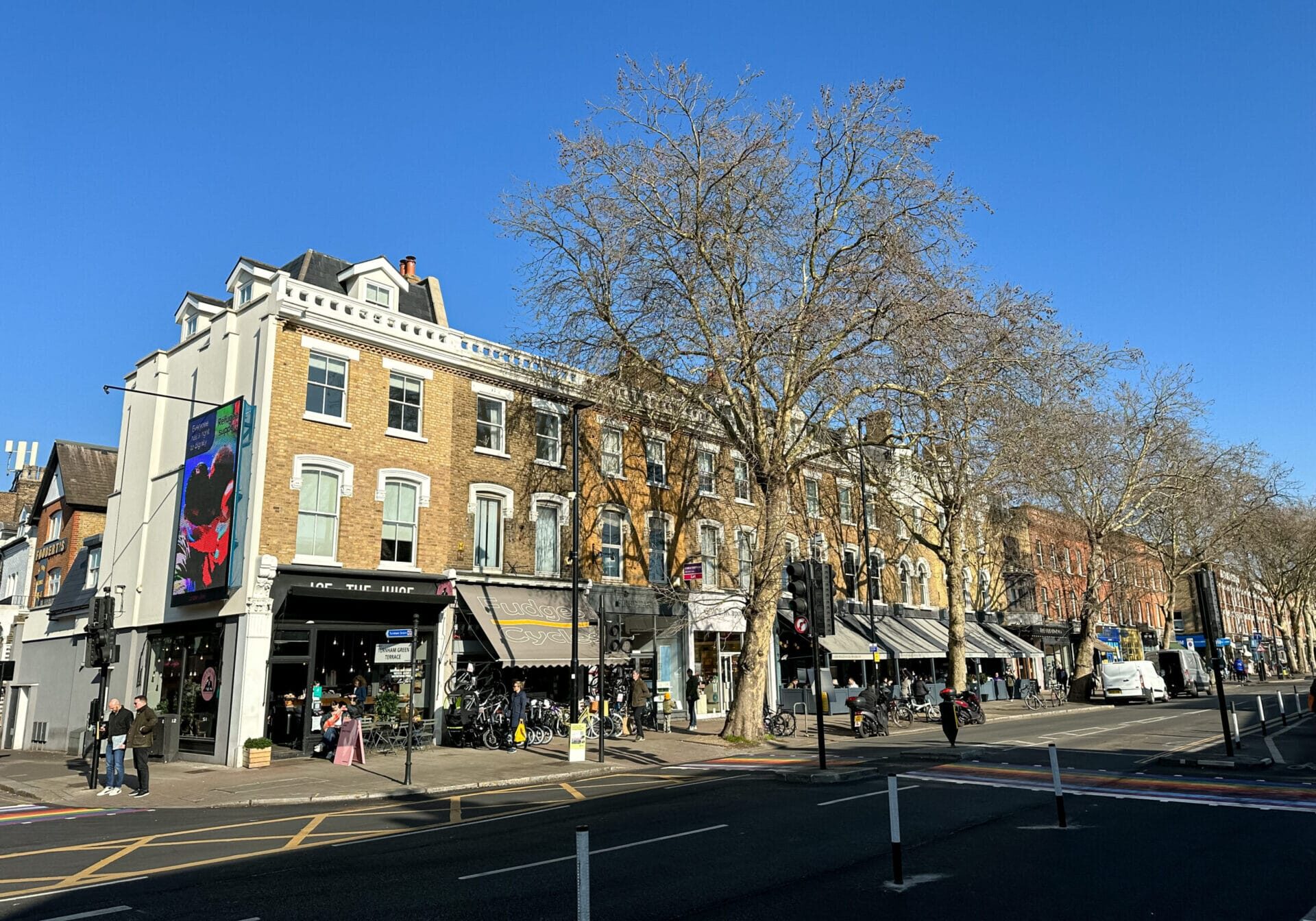 Chiswick High Road shops and restaurants, West London, England, UK. Turnham Green Terrace.