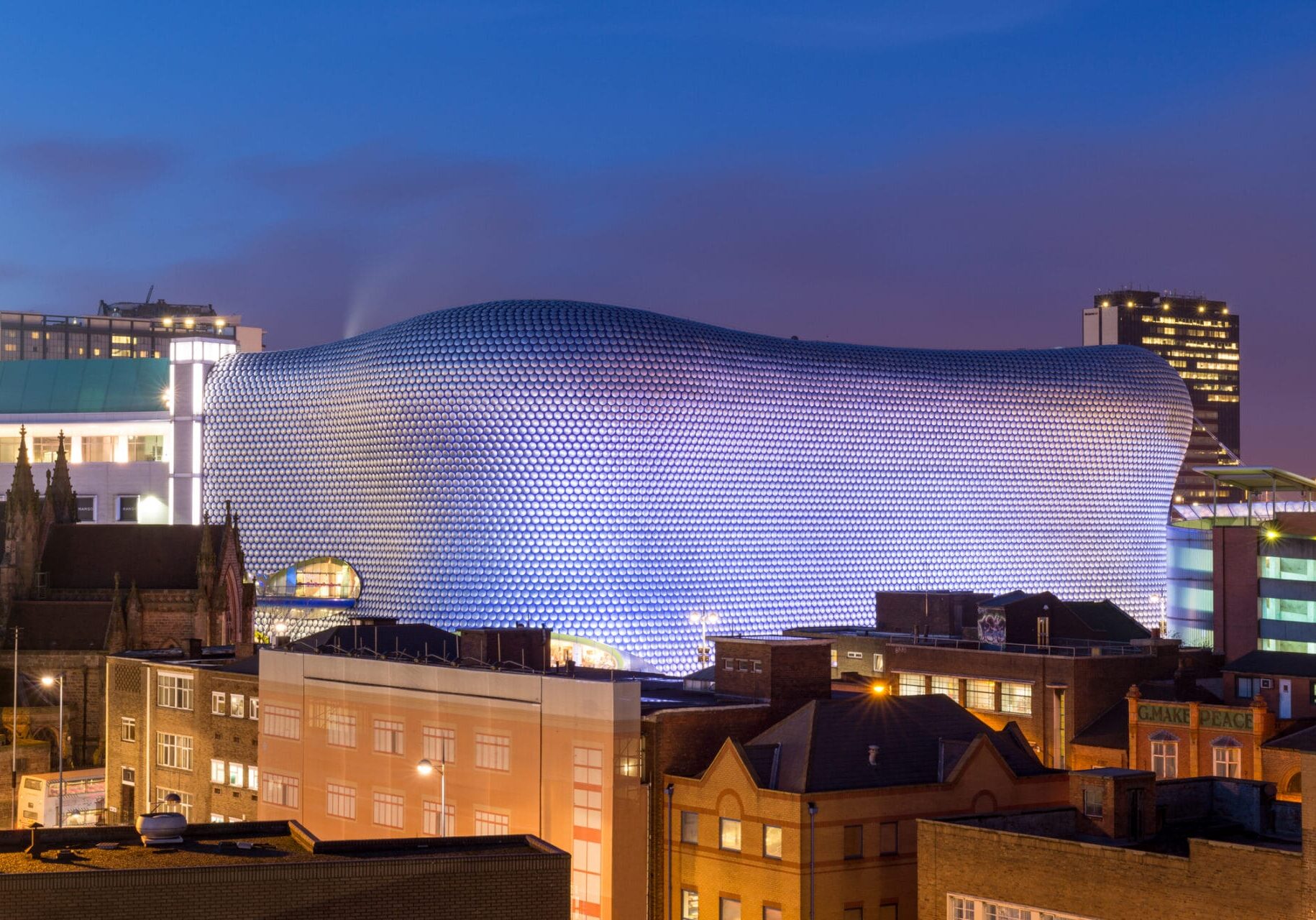 The iconic Bullring Shopping Centre at night in Birmingham, England, UK.